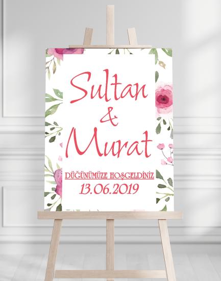 Söz Nişan Düğün İçin 50x70 Karşılama Panosu - Pembe Ren Çiçek Temalı 01