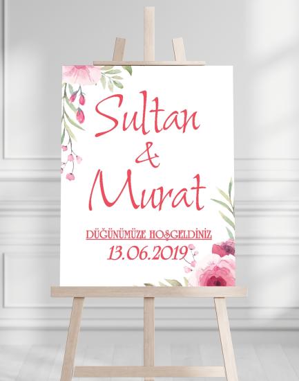 Söz Nişan Düğün İçin 50x70 Karşılama Panosu - Pembe Ren Çiçek Temalı