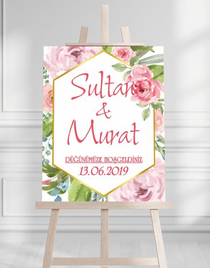 Söz Nişan Düğün İçin 50x70 Karşılama Panosu - Pembe Renk Çiçek Temalı 03