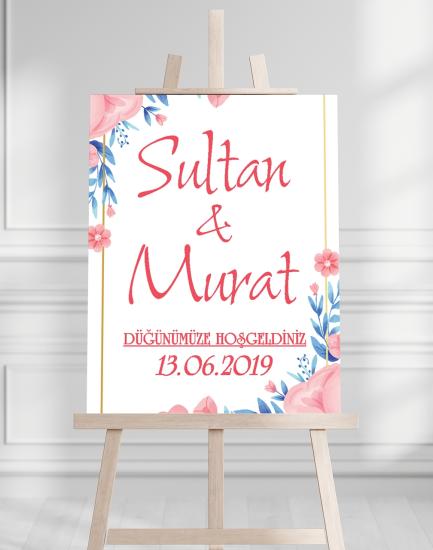 Söz Nişan Düğün İçin 50x70 Karşılama Panosu - Pembe Renkleri Çiçek Temalı 01