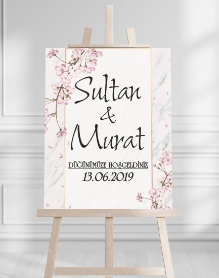 Söz Nişan Düğün İçin 50x70 Karşılama Panosu - Pembe Renkleri Çiçek Temalı