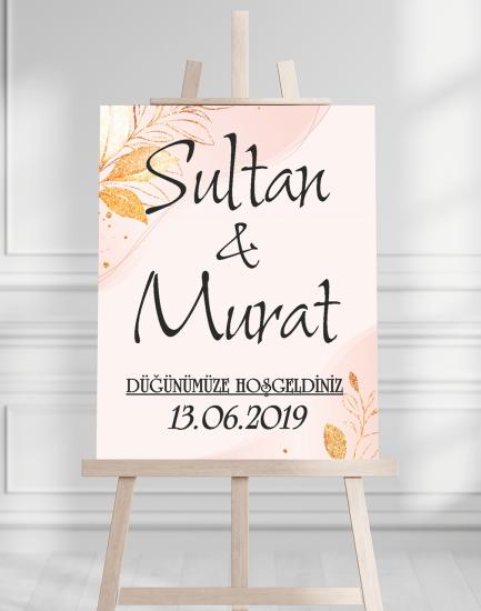 Söz Nişan Düğün İçin 50x70 Karşılama Panosu - Pembe ve Altın Çiçek Desenli