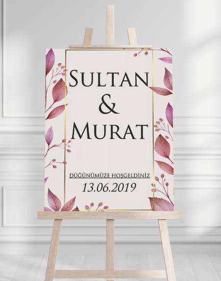 Söz Nişan Düğün İçin 50x70 Karşılama Panosu - Pembe Yaprak Tasarımlı