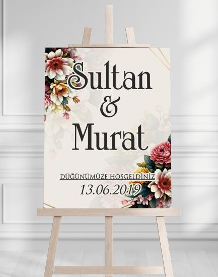 Söz Nişan Düğün İçin 50x70 Karşılama Panosu - Renkli Çiçek Desenli