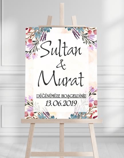Söz Nişan Düğün İçin 50x70 Karşılama Panosu - Renkli Çiçek Pastel Tasarımlı