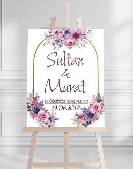 Söz Nişan Düğün İçin 50x70 Karşılama Panosu - Renkli Çiçek Tasarımlı 001