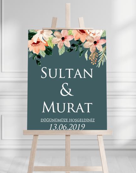 Söz Nişan Düğün İçin 50x70 Karşılama Panosu - Renkli Çiçek Tasarımlı 004