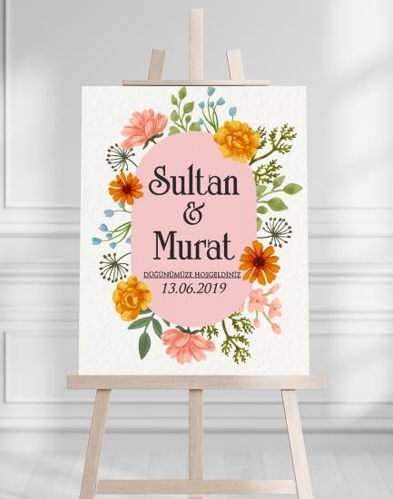 Söz Nişan Düğün İçin 50x70 Karşılama Panosu - Renkli Çiçek Tasarımlı 005