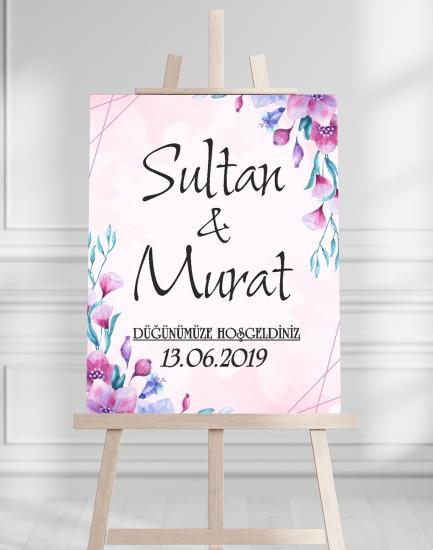 Söz Nişan Düğün İçin 50x70 Karşılama Panosu - Renkli Çiçek Tasarımlı 007