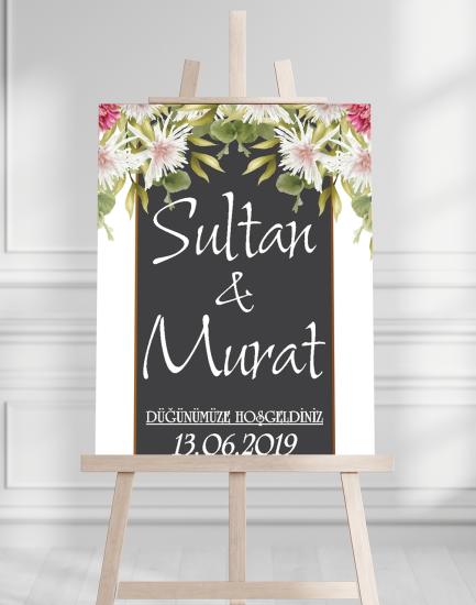 Söz Nişan Düğün İçin 50x70 Karşılama Panosu - Renkli Çiçek Tasarımlı 01
