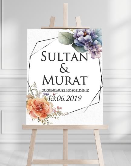 Söz Nişan Düğün İçin 50x70 Karşılama Panosu - Renkli Çiçek Tasarımlı 7