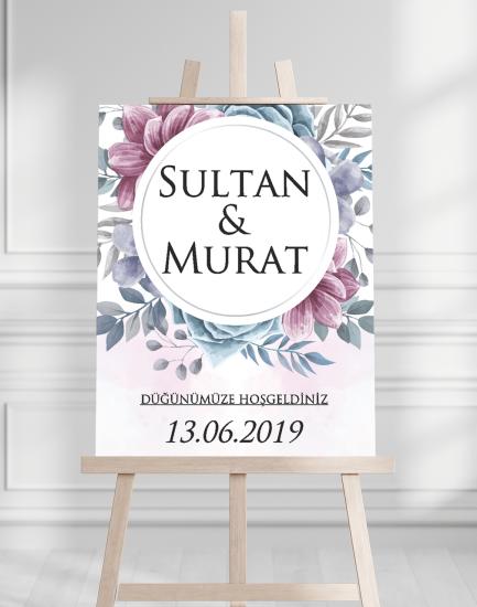 Söz Nişan Düğün İçin 50x70 Karşılama Panosu - Renkli Çiçek Temalı