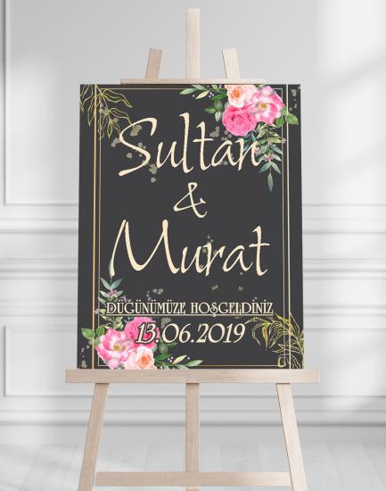 Söz Nişan Düğün İçin 50x70 Karşılama Panosu - Renkli Çiçek ve Siyah Tasarımlı