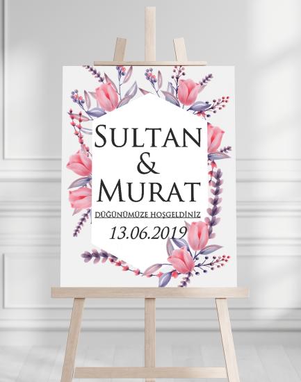 Söz Nişan Düğün İçin 50x70 Karşılama Panosu - Renkli Çiçek ve Yaprak Tasarımlı 002