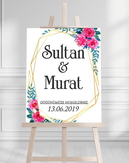 Söz Nişan Düğün İçin 50x70 Karşılama Panosu - Renkli Çiçek ve Yaprak Tasarımlı
