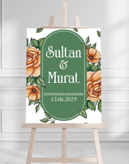 Söz Nişan Düğün İçin 50x70 Karşılama Panosu - Renkli Çiçek ve Yeşil Desenli