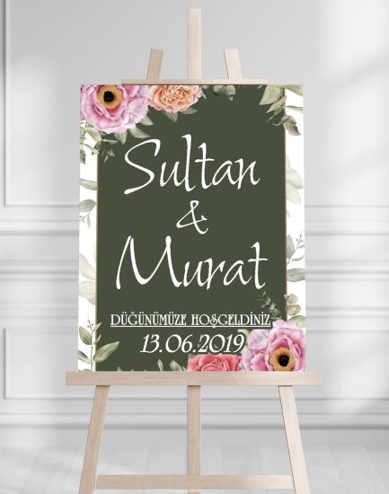 Söz Nişan Düğün İçin 50x70 Karşılama Panosu - Renkli Çiçek ve Yeşil Tasarımlı
