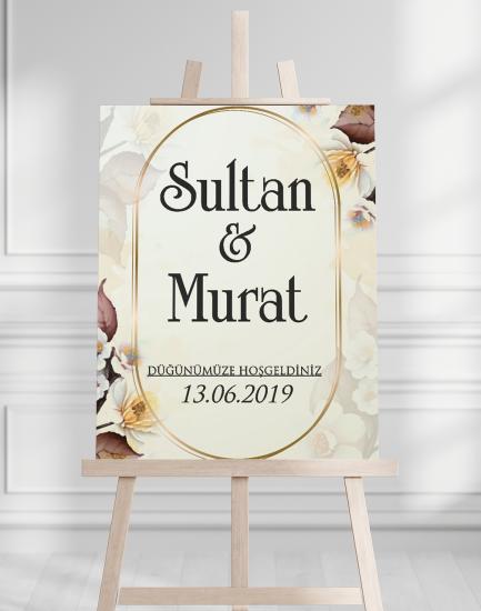 Söz Nişan Düğün İçin 50x70 Karşılama Panosu - Sarı Çiçek Desenli