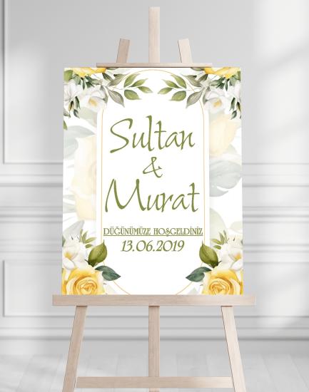Söz Nişan Düğün İçin 50x70 Karşılama Panosu - Sarı Gül Desenli