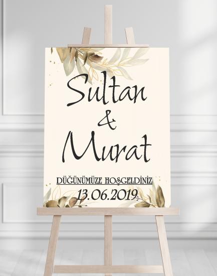 Söz Nişan Düğün İçin 50x70 Karşılama Panosu - Sarı Yaprak Tasarımlı