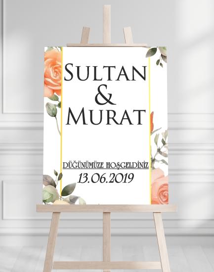 Söz Nişan Düğün İçin 50x70 Karşılama Panosu - Siyah Gül Çiçek Desenli