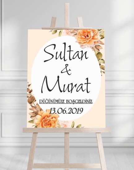 Söz Nişan Düğün İçin 50x70 Karşılama Panosu - Siyah Çiçek Desenli
