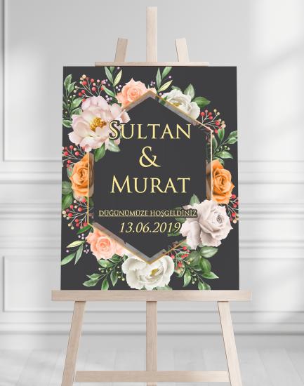 Söz Nişan Düğün İçin 50x70 Karşılama Panosu - Siyah ve Beyaz Gül Tasarımlı