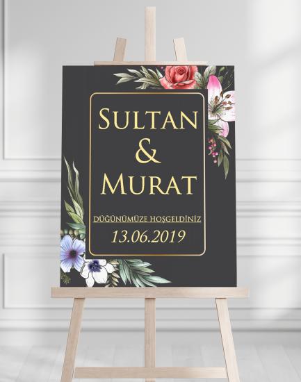 Söz Nişan Düğün İçin 50x70 Karşılama Panosu - Siyah ve Çiçek Temalı