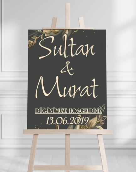 Söz Nişan Düğün İçin 50x70 Karşılama Panosu - Siyah ve Gold Çiçek Temalı 03
