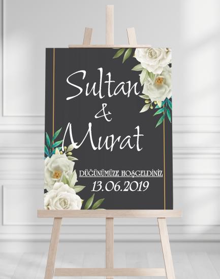 Söz Nişan Düğün İçin 50x70 Karşılama Panosu - Siyah ve Gold Çiçek Temalı 05