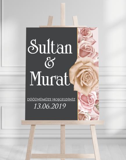 Söz Nişan Düğün İçin 50x70 Karşılama Panosu - Siyah ve Pembe Çiçek Tasarımlı