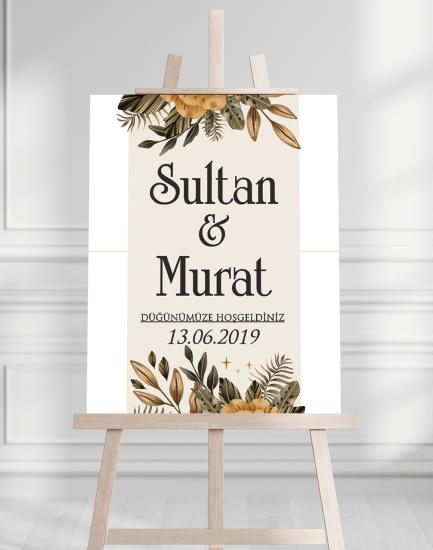 Söz Nişan Düğün İçin 50x70 Karşılama Panosu - Sonbahar Çiçek ve Yaprak Tasarımlı 003
