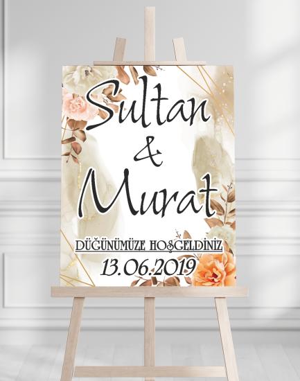 Söz Nişan Düğün İçin 50x70 Karşılama Panosu - Şeftali Çiçek Desenli
