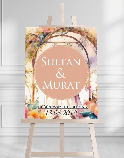 Söz Nişan Düğün İçin 50x70 Karşılama Panosu - Şeftali Çiçek Tasarımlı