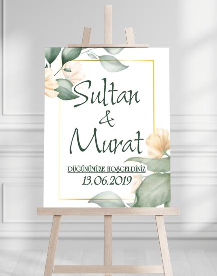 Söz Nişan Düğün İçin 50x70 Karşılama Panosu - Şeftali Çiçek Tasarımlı 001