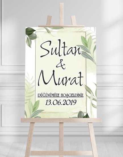 Söz Nişan Düğün İçin 50x70 Karşılama Panosu - Tropikal Çiçek ve Yaprak Tasarımlı