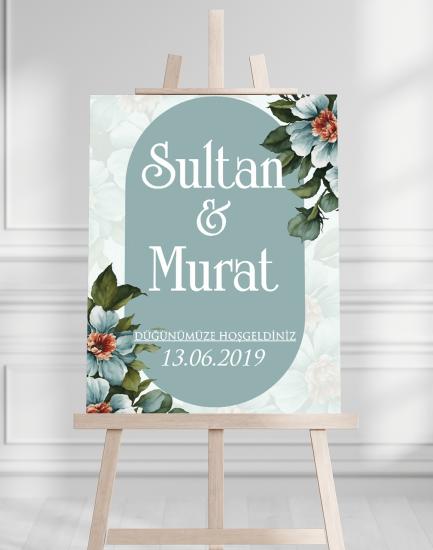 Söz Nişan Düğün İçin 50x70 Karşılama Panosu - Turkuaz Çiçek Tasarımlı