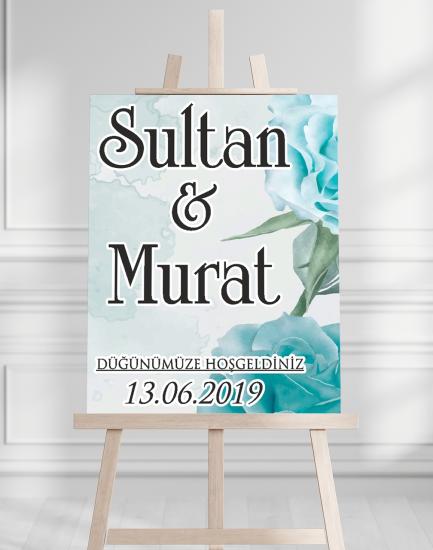 Söz Nişan Düğün İçin 50x70 Karşılama Panosu - Turkuaz Çiçek ve Yaprak Tasarımlı