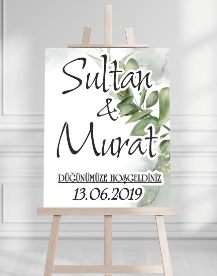 Söz Nişan Düğün İçin 50x70 Karşılama Panosu - Yaprak Tasarımlı
