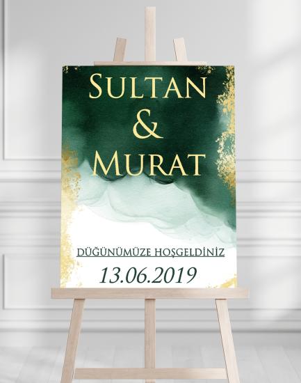 Söz Nişan Düğün İçin 50x70 Karşılama Panosu - Yeşil Altın Desenli