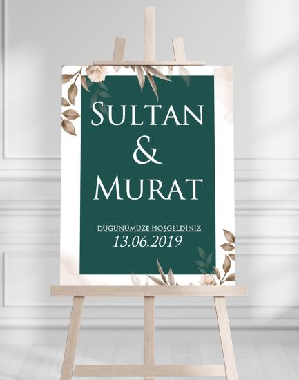 Söz Nişan Düğün İçin 50x70 Karşılama Panosu - Yeşil Çiçek Desenli 003
