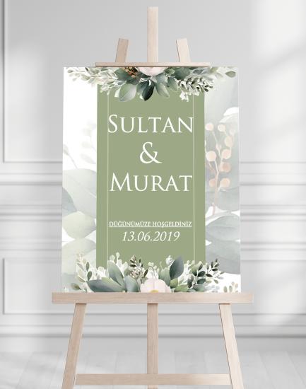 Söz Nişan Düğün İçin 50x70 Karşılama Panosu - Yeşil Çiçek Desenli 004