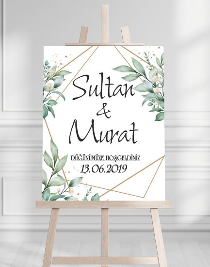 Söz Nişan Düğün İçin 50x70 Karşılama Panosu - Yeşil Çiçek Tasarımlı 001