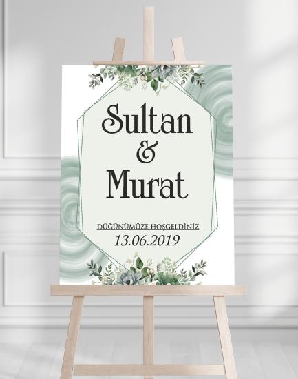 Söz Nişan Düğün İçin 50x70 Karşılama Panosu - Yeşil Çiçek Tasarımlı 005