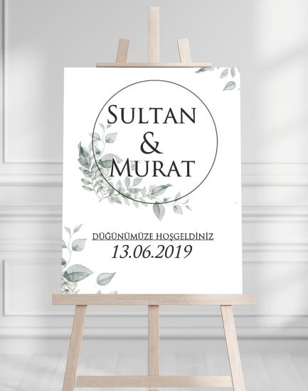 Söz Nişan Düğün İçin 50x70 Karşılama Panosu - Yeşil Çiçek Tasarımlı 006