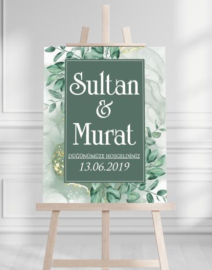Söz Nişan Düğün İçin 50x70 Karşılama Panosu - Yeşil Çiçek Temalı