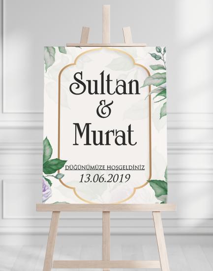 Söz Nişan Düğün İçin 50x70 Karşılama Panosu - Yeşil Çiçek ve Dini Temalı