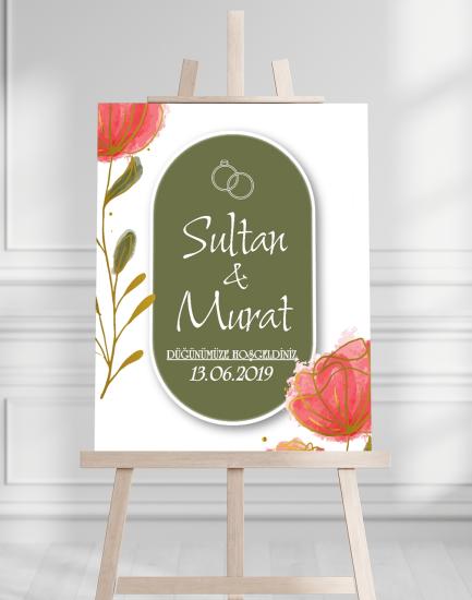 Söz Nişan Düğün İçin 50x70 Karşılama Panosu - Yeşil Desenli