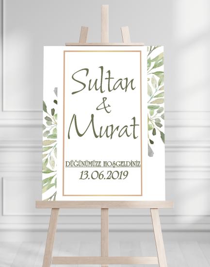 Söz Nişan Düğün İçin 50x70 Karşılama Panosu - Yeşil Renkleri Çiçek Temalı 03