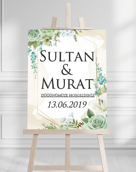Söz Nişan Düğün İçin 50x70 Karşılama Panosu - Yeşil Renkleri Çiçek Temalı